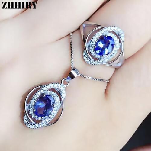 ZHHIRY Real Natural Blue Tanzan Jewelry Sets 925 Sterling Silver Ring Necklace Pendant For Women Gemstone Fine Jewelry