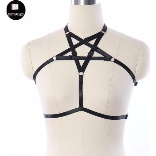 Women Sexy Lingerie Pole Dance Pentagram Body Harness Black Crop Top Fetish Cage Punk Bra Rave Wear Bondage Harness Dress