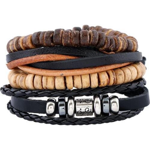 4PCS/Set Retro Vintage Boho Hippie Punk Brown Cord Wrap Black Leather Leather Wooden Beads Multi Layers Bracelets Bangle Unisex