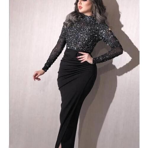 SuperKimJo Black Evening Dresses Long Sleeve High Neck Beaded Mermaid Modest Evening Gown Abiti Da Cerimonia