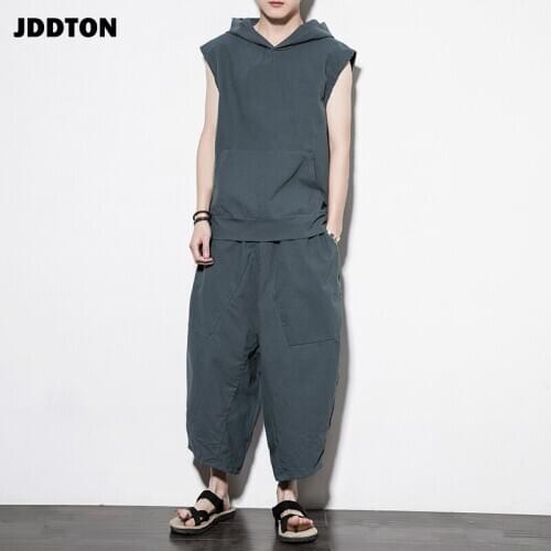 JDDTON New Men‘s Spring Sleeveless Suit Linen Solid Color Outerwear Fashion Style Casual Loose Low Gear Male Hooded Suit JE052