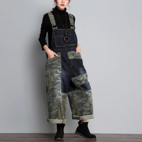 Camouflage Patchwork Wide Leg Jumpsuits Women Wide Leg Bib Denim Overalls Baggy Suspenders Cowboy pants Low Drop Crotch jeans