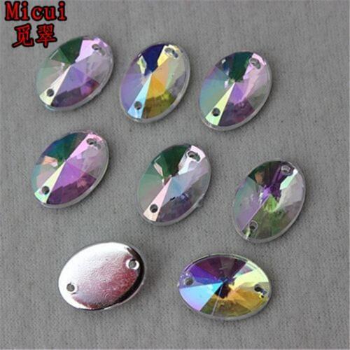 Micui 100pcs 13*18mm AB Color Oval Crystal Beads Sewing On Rhinestone Flatback Crystals For Garment Sew On 2 Holes ZZ201B