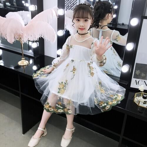 10 12 Years Old Cute Childrens Knee-Length Dresses 2021 Summer New Sweet Baby Girls Pink Embroidered Printed Princess Clothes