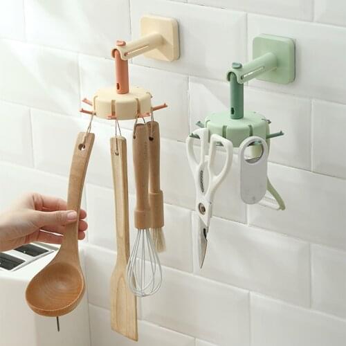Multifunctional Hanger Punch-free Storage Hanger 360° Rotatable Kitchen Spoon Rack Wall Mounted Plastic Bathroom Towel Shelf