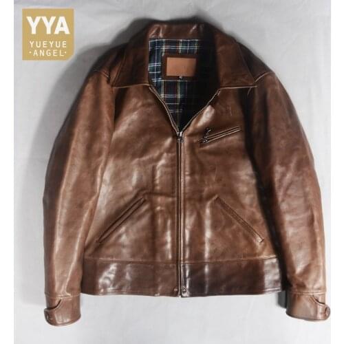 Vintage Motorcycle Jacket Mens Outerwear Classic Brown Horsehide Genuine Leather Coat Turn-Down Collar Zipper Biker Jackets Men