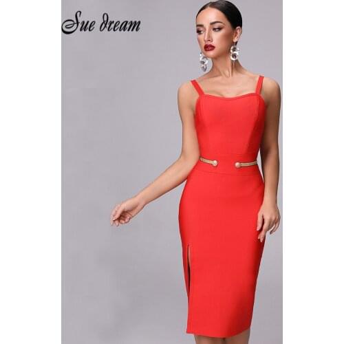 2021 New Bandage Dress Elegant White Red Womens Dress Sexy Party Dress Calf Length Split Spaghetti Dress Vestdios