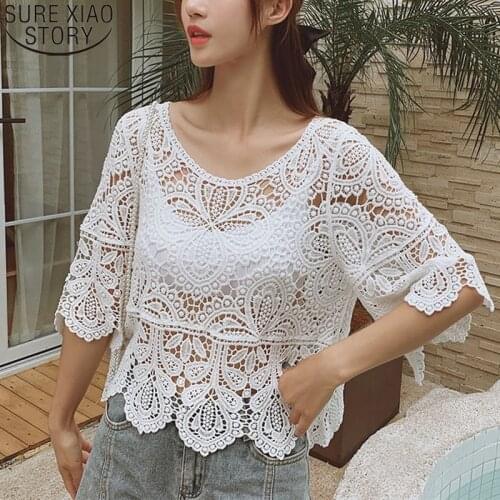 2021 New Womens Short Sleeve Blouse Summer white Lace blouse Hook Flower Hollow Shirt Women Tops Sunscreen Shirt blusas 14127