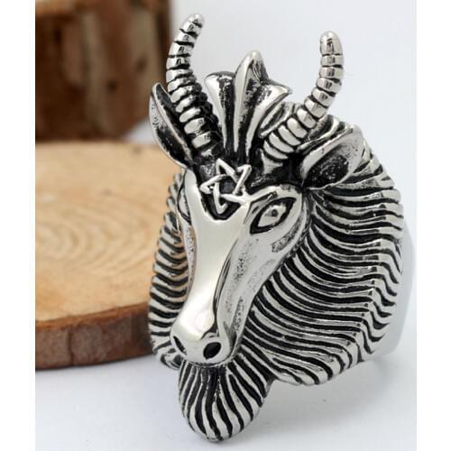 New Male Fashion Big Sheep Goat Horn Head Ring Satan Worship Aries Zodiac Wicca Star For Men Unique Biker Punk Animal Jewelry