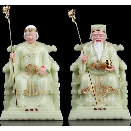 A pair TOP gilding jade BUDDHA figure HOME shop Prosperity protection God of wealth CAI SHEN YE TU DI GONG PO FENG SHUI statue