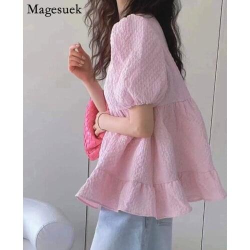 Casual Ruffled Cute Womens Blouse O-neck Puff Sleeve Sweet Doll Shirt Korean Summer Solid White Tops Blusas Mujer De Moda 15517