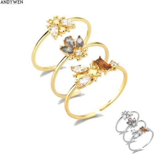 ANDYWEN 925 Sterling Silver Bees Adjustable Ring Women Slim Finger Rings Jewelry Animal Light Jewelry For Wedding Party Jewelry