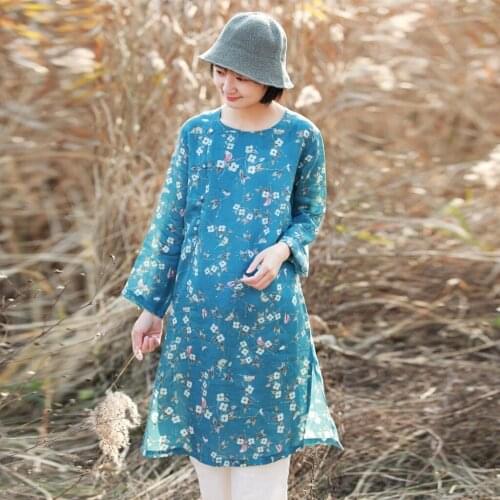 S909 Dress Ramie Printing Improvement Jade Grease Button Nine Part Sleeve Cheongsam Longuette