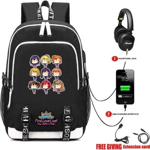 USB Charge Headphone Jack Teenagers School Bags Laptop Backpack Double Shoulder Bags Travel Bags anime lovelive Casual Backpack