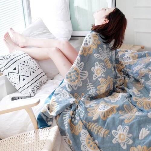 Machine Washable Summer Printed Pure Cotton Leisure Cover Blanket for Single Double Breathable Washed Gauze Soft Towel Blankets