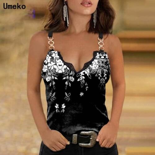 Umeko Summer Lace Decoration V-neck Printed Camisole T-shirt Plus Size Y2k Fashion Slim Sleeveless Tshirt Vintage Sexy Tank Tops
