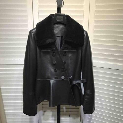 Korean style silm fit real sheepskin women winter double breasted genuine leather jackets short coat D955