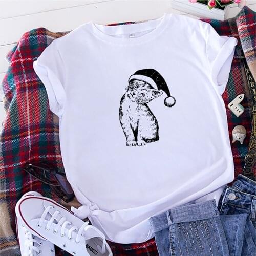 Summer Shirts for Women Tops Harajuku Christmas Cat Printed T-shirt Aesthetic Women Clothing Oversized T-shirt Cotton Kawaii 5XL