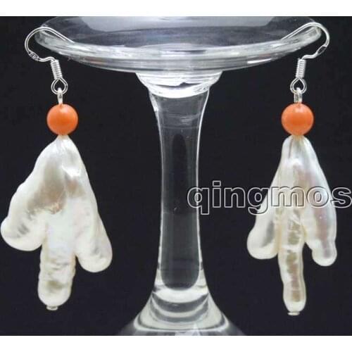 Qingmos 20*30mm BAROQUE Chicken Toe Natural Freshwater White Pearl Earring for Women with Pink Coral Dangle Earring Jewelry e509