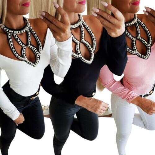 Womens Off Shoulder Long Sleeve Top Tee Autumn Spring Ladies Sexy Pearls Hollow Slim T-Shirt Sexy Elegant Woman Skinny T-shirts