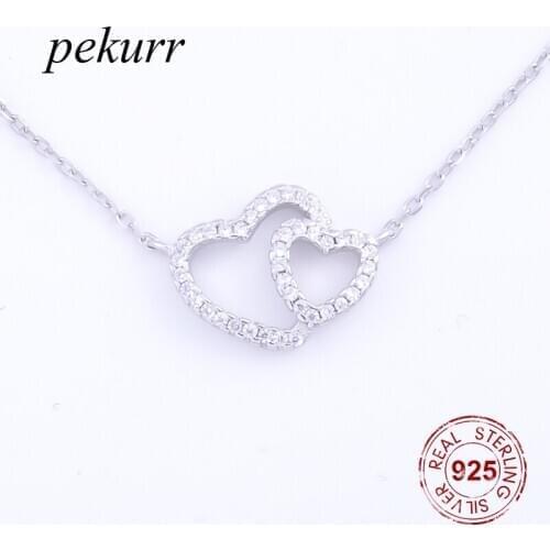 Pekurr 925 Sterling Silver Hollow Double Heart Necklaces For Women Pandents CZ Choker Romantic Fine Jewelry Gift