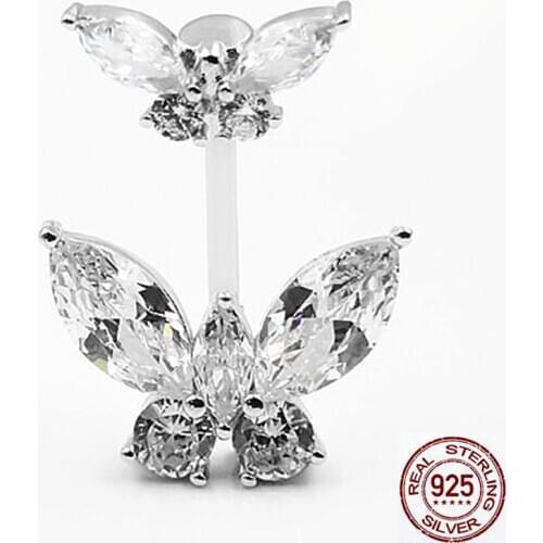 Cubic zirconite crystal butterfly belly button navel piercing for women 925 sterliing silver hypoallergenic body bar jewelry