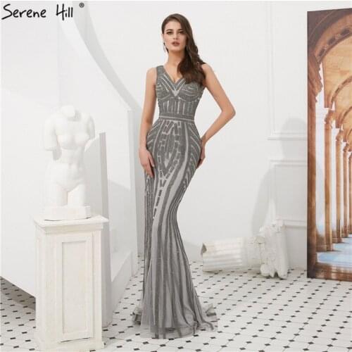 2020 Grey Crystal Mermaid Evening Dresses V-neck Formal Gown Dubai Robe De Soiree Vestido Party Gowns BLA6511