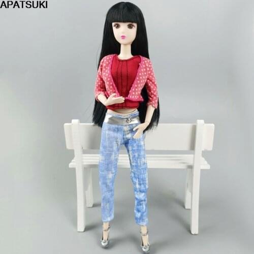 1Set Pink Polka Coat Vest Denim Pants Set For Barbie Doll Outfits Handmade Clothes for 1:6 BJD Doll Dollhouse 1/6 Accessories