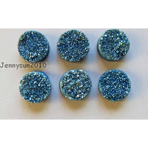 14mm Metallic Green (No Hole) Druzy Quartz Ag-ate Flat Back Connector Round Cabochon Beads Jewelry 10 Pcs /Pack