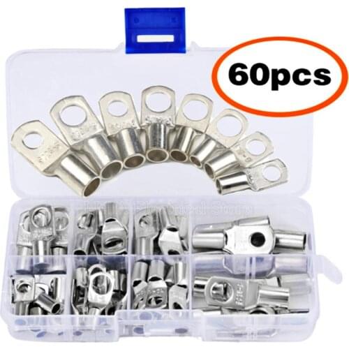 60Pcs SC Bare Terminals Crimped/Soldered Terminal Kit Assortment Tinned Copper Lug Ring Seal Wire Connectors Bare Cable