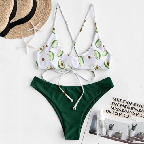 Green Avocado Print Bikini Women High Waist Bikini Set Padded Backless Swimwear Bathing Swimsuit Beachwear Maillot De Bain @40