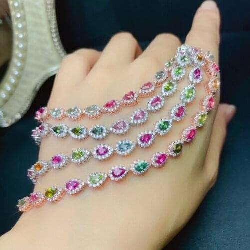 Elegant Sterling Silver Bracelet with Gemstones 3mm*5mm Natural Multicolor Tourmaline Silver Bracelet 925 Silver Tourmaline