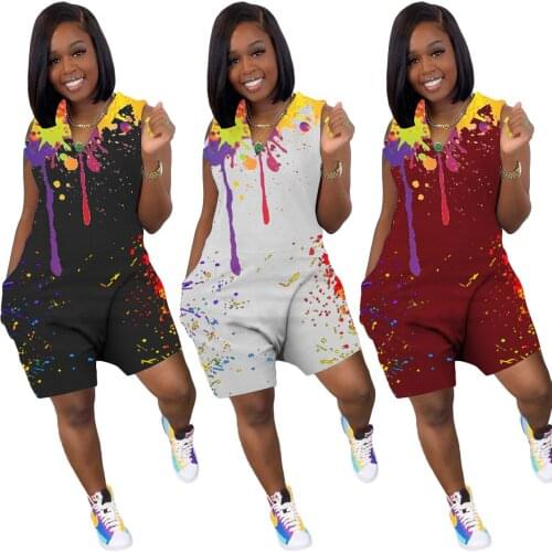 One-piece Womens Clothing Sexy V Neck Sleeveless Personality Print Splash Ink Fashion Pocket Loose Casual Jumpsuit Dropshipping