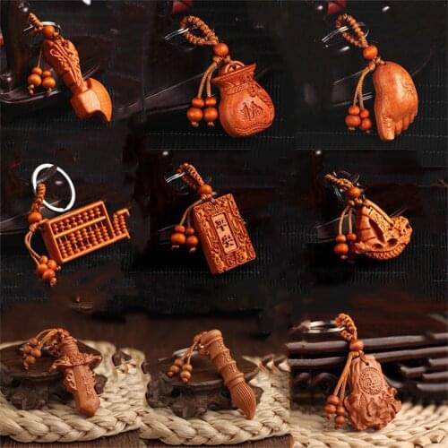 Mahogany Three-dimensional Engraving Key Chain Lifelike Buddha Pendant Key Ring ewelry making For diy Car Accessories L45