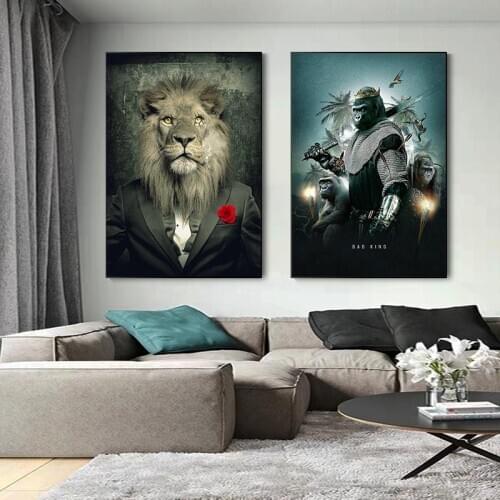 Black bad Lion a Suit Canvas Art Posters And Prints Abstract Lion Smoking a Cigar Canvas Paintings On the Wall Art Pictures