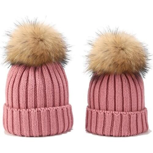 Winter Children Boy Girl Acrylic Yarn Knitted Cap With 15cm Big Natural Raccoon Pompon Baby Hat Bonnet 2 To 8 Years