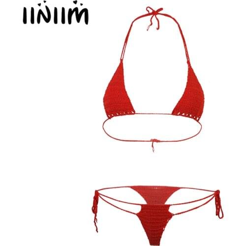 Women Female Hot Party cCrochet Bathing Sexy Exotic Sets Lace-up Bikini Sets Micro Swimsuit Swimwear Beachwear Bra with G-String