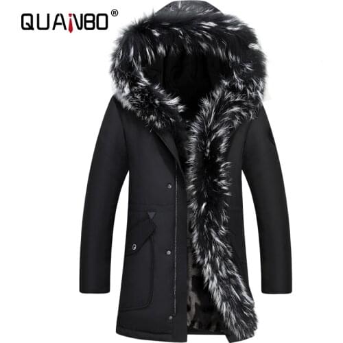 QUANBO Men Fashion Fur Slim Winter Warm Jacket Mens Fur Collar Hooded Warm Fleece Lined Down Jackets and Coats