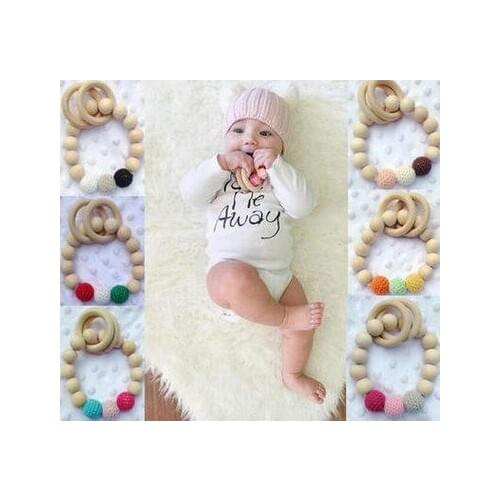 New Safety Round Bead Wooden Natural Baby Teething Ring Chewie Cute Teether Training Bunny Sensory Toy