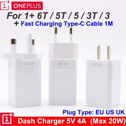 EU/US/UK 20W Original ONEPLUS Dash charger 5V/4A Fast Charging 1M Type-C Dash Cable Wall Power Adapter For Oneplus 6T 5T 5 3T 3