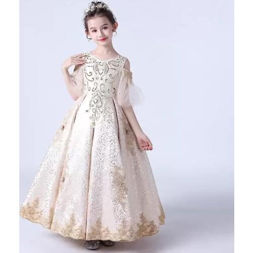 Flower Girl Dresses Crystal Embroidery Sequined Short V-Neck Princess Tulle Lace Off The Shoulder Luxury Kids Party Gown H541
