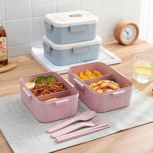 2 Grids Portable Cute Wheat Lunch Box Set Office Student Kids Microwave Heating Sealed Fresh Lunch Box