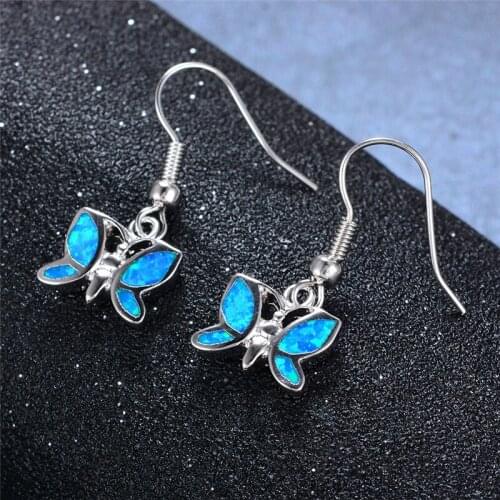 Luxury Female Butterfly Animal Drop Earrings Boho Long Blue Fire Opal Earrings Luxury Silver Color Dangle Earrings For Women