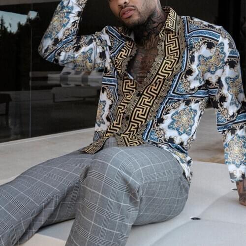 2020 Autumn Men Slim Floral Print National style Long Sleeve Shirts Fashion Party Holiday Casual Flower Shirt Homme