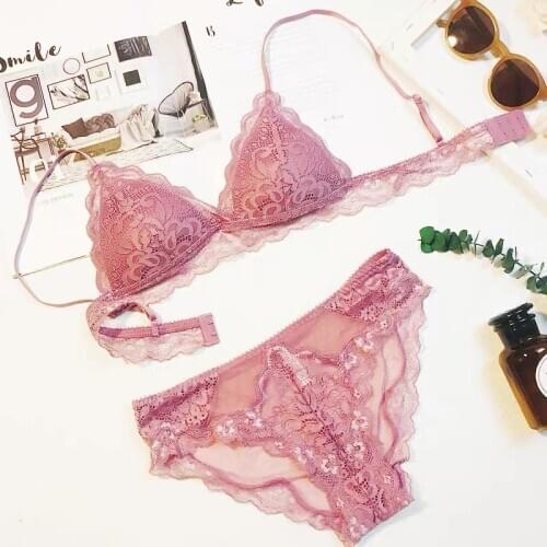 Sexy Open Cup Plunge Bra For Girls Lace Ultra Thin Lined Wireless Triangle Bra and Panties Set Underwear soft Lingerie