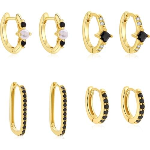 New Trendy Small Black CZ Zircon Hoop Earrings for Women 925 Sterling Silver Circle Geometric Huggie Earrings Piercing Jewelry