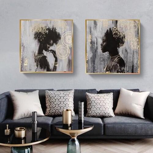 Nordic Figure Africa Woman Canvas Painting Golden Flower Posters and Prints Cuadros Pictures For Living Room Wall Decor No Frame