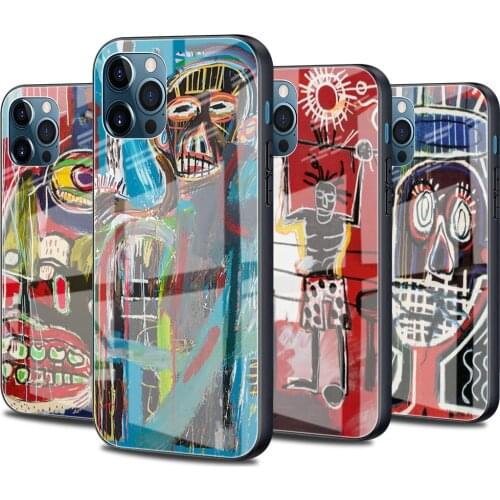 Jean Michel Basquiat Art Glass Case For Apple iPhone 13 11 Pro 12 Mini XR 7 8 Plus SE 2020 XS Max X 6 6S Luxury Phone Cover Capa