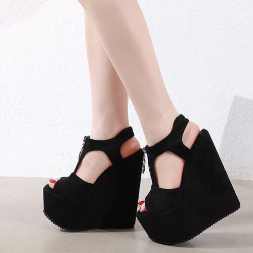 17cm High Heels Platform Wedges Shoes Women Fashion Ladies Black High Heel Shoes Zipper Wedge Sandals Ladies Gladiator Sandals