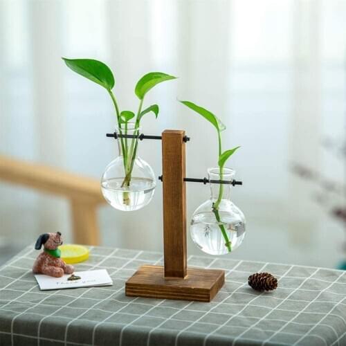 Hydroponic Glass Vase, Desktop Plant Container, Retro Wood Creative Bulb Decorative Flower Pot 2021 New Home Decoration